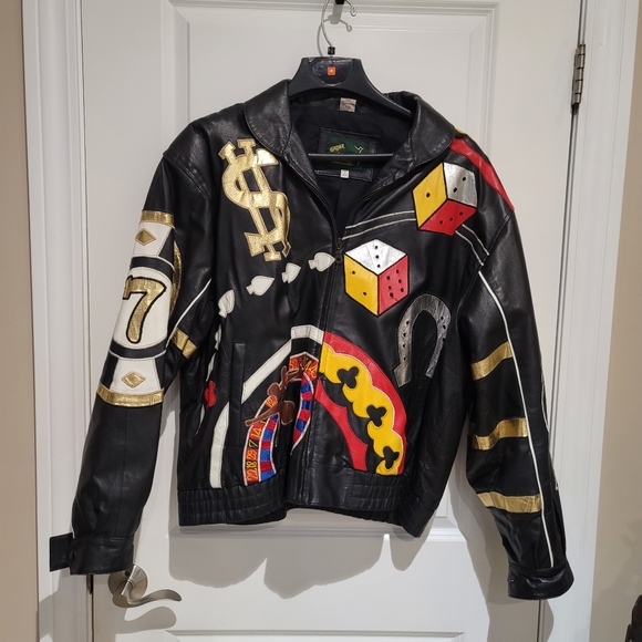 Vegas Gambling Casino Dice Blackjack Leather Bomber Jacket Size 2XL - Picture 1 of 9
